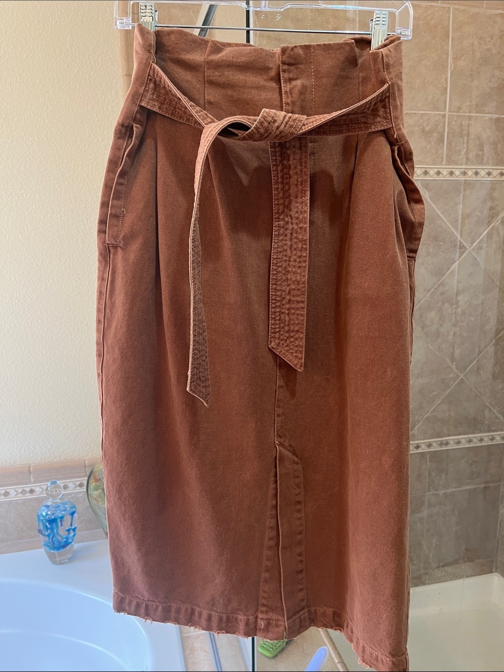 Free People Rust Brown High-Waist Tie-Belt Midi Skirt